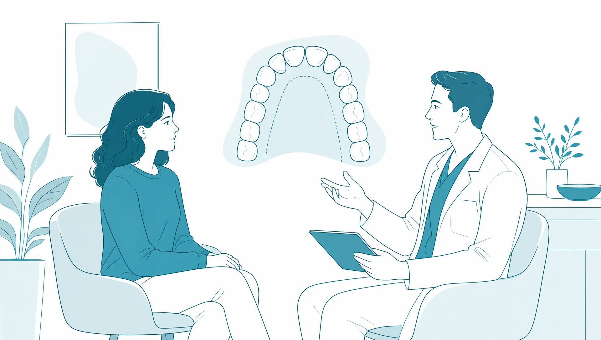 A calm adult patient and dentist discussing general dental treatment beside a simplified dental arch, with clean white space and no text. Style block: premium editorial vector illustration, flat or semi-flat, fine deep teal linework, restrained teal blue #3893AA with white #FFFFFF and pale teal tints #EBF4F6 and #CDE4EA, matte finish, minimal layering, generous white space.