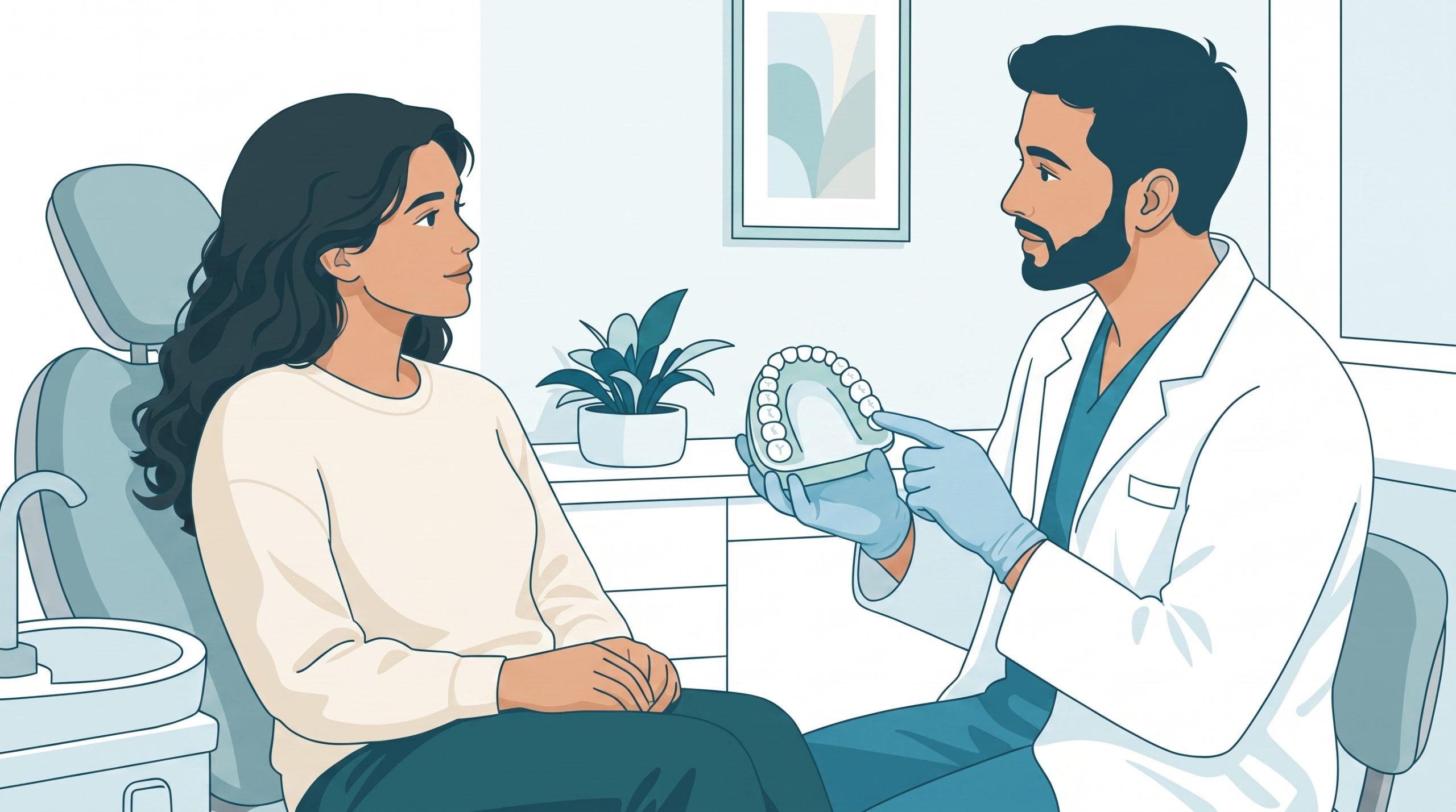 A calm adult patient speaks with a dentist beside a simple dental arch during a routine care visit.