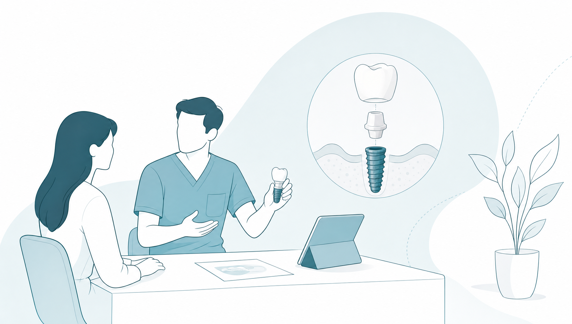 A calm consultation room with a dentist speaking reassuringly to a seated patient across a small desk, with a tablet and dental models ready for discussion and a tidy, welcoming clinic setting.