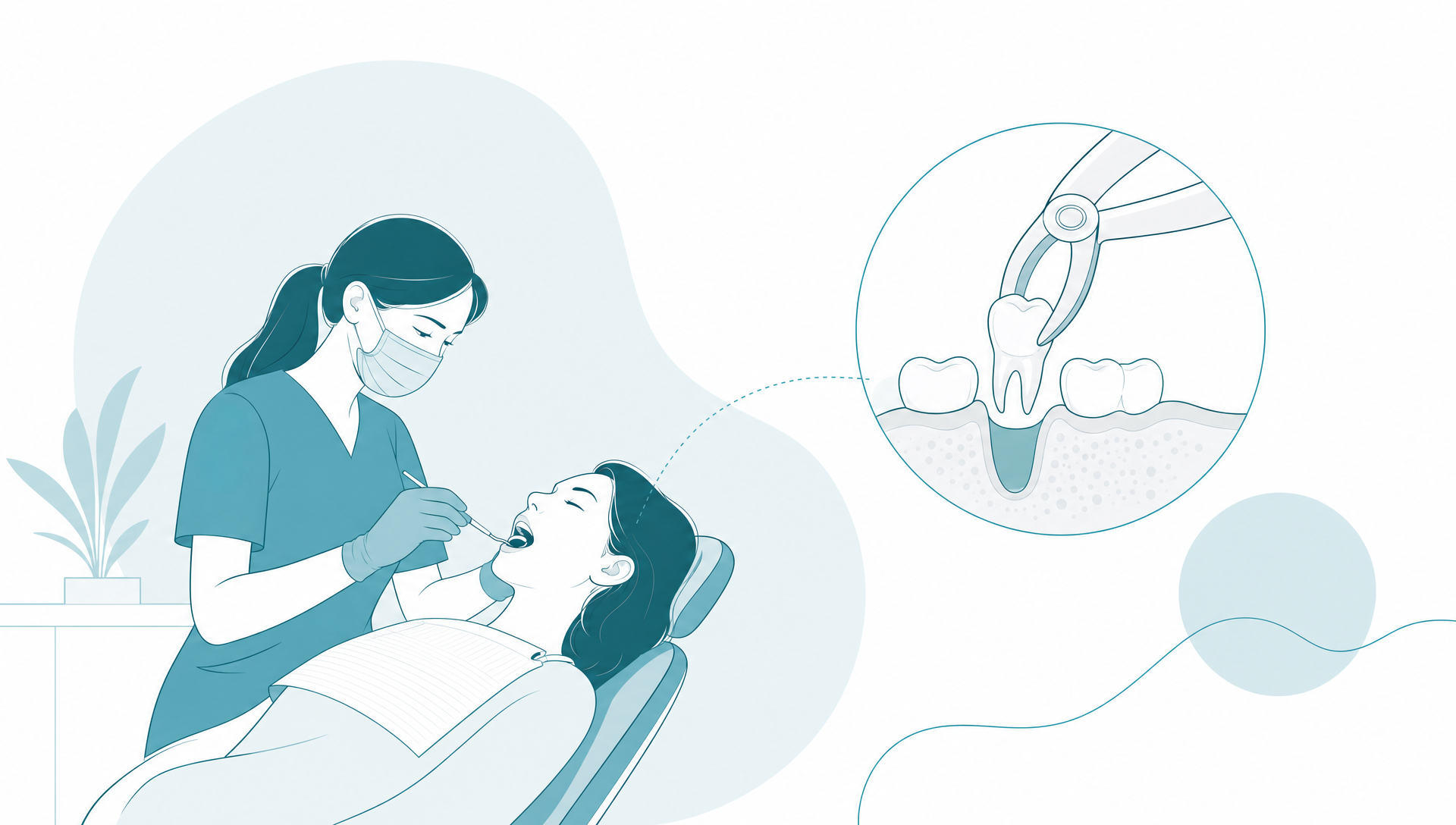 A calm dental consultation room where a dentist explains a printed dental X-ray to an adult patient while discussing tooth-saving options and possible tooth extraction.