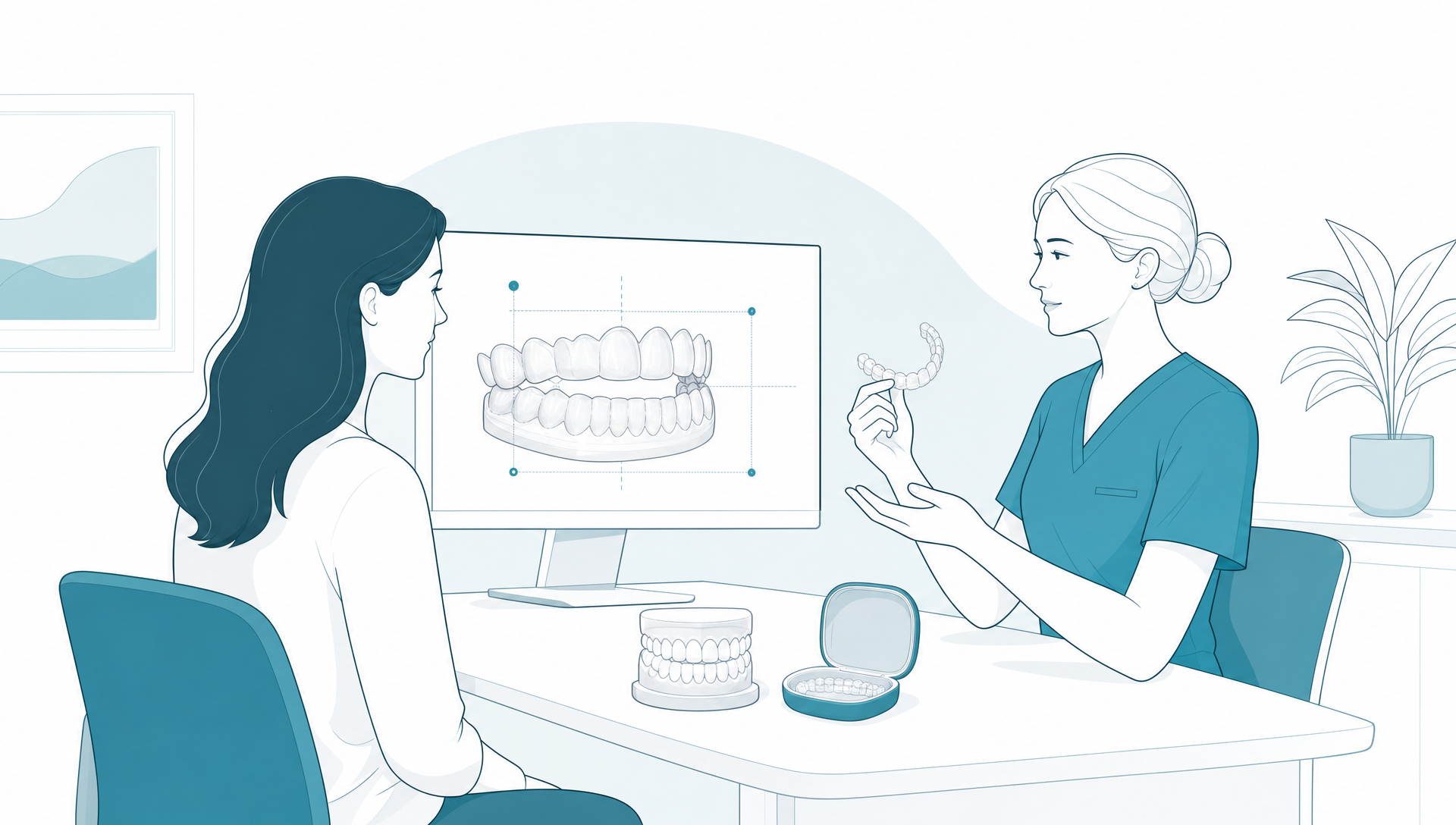 A calm dental consultation scene shows two adults reviewing a simplified dental arch model and a blank treatment plan sheet.