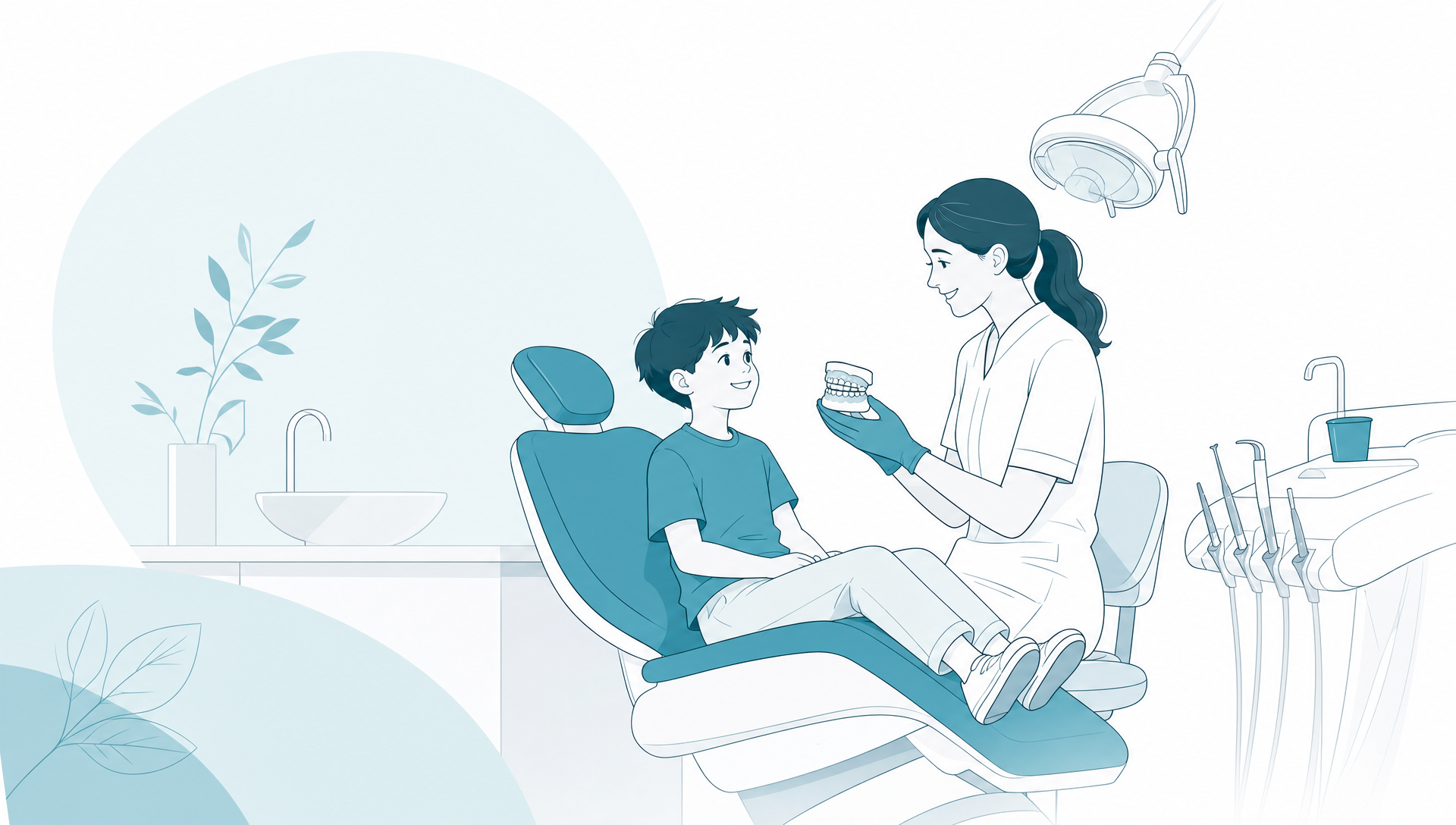 A calm family dental appointment in a welcoming treatment room, with a dentist speaking gently to a parent and child while dental tools sit neatly on a side tray, focusing on reassurance, prevention and family oral health care.