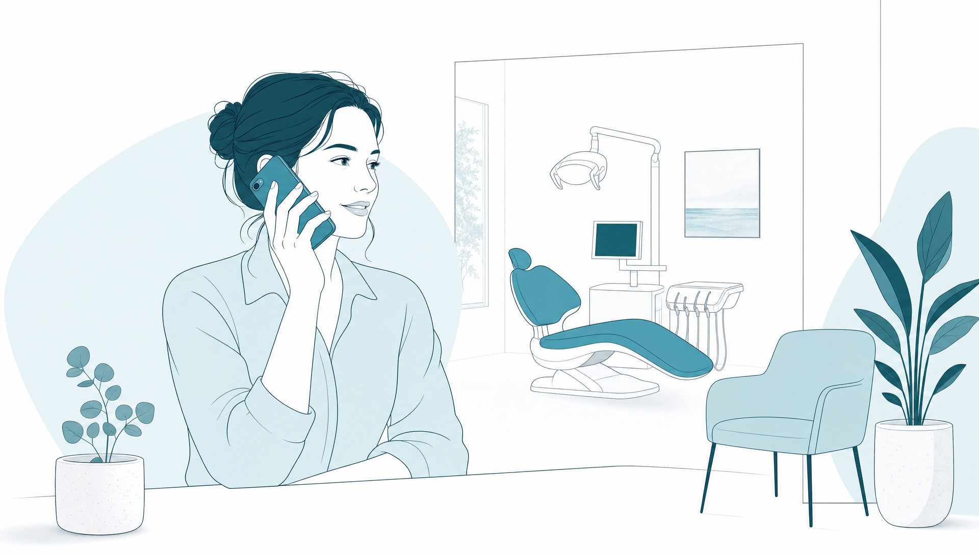 A calm patient speaks with a dental receptionist beside a simple dental arch and appointment circle.