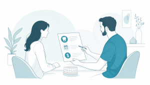 A dental chair and payment terminal suggest a clinic that offers flexible payment options.