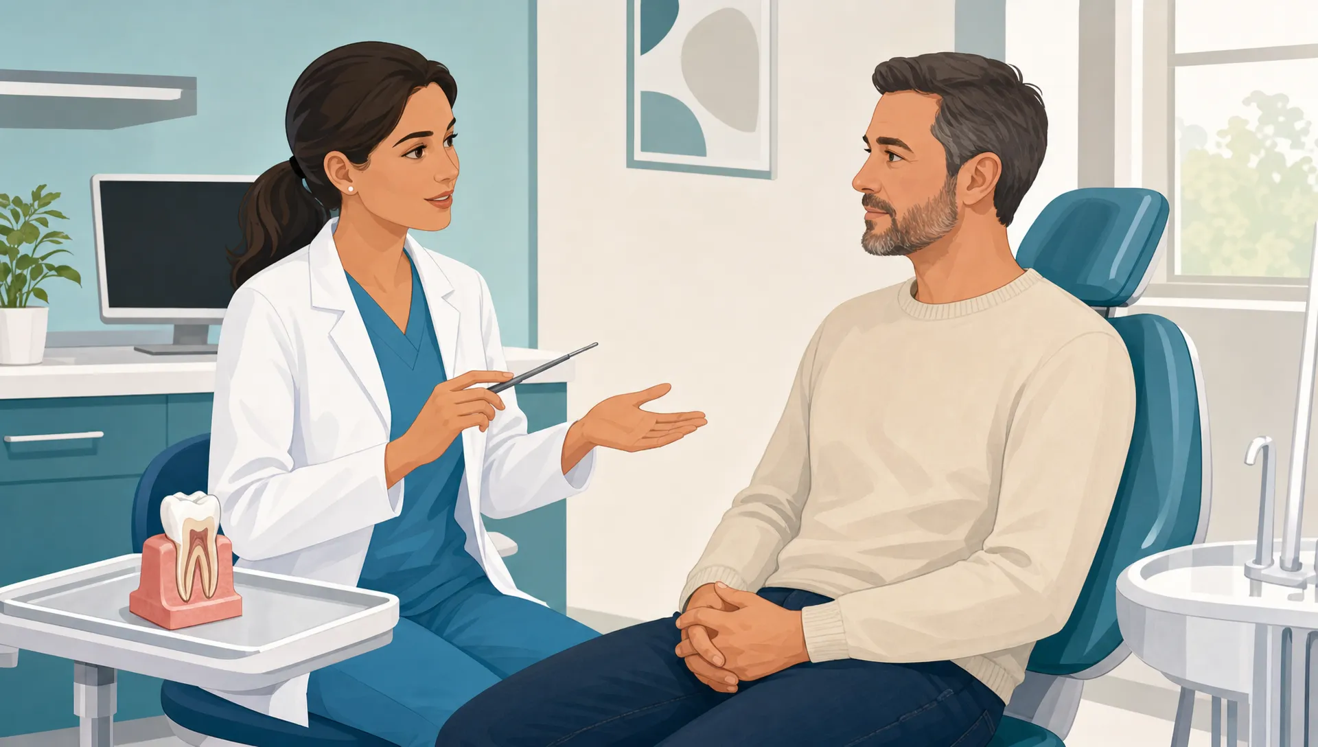 A dentist and adult patient discuss a dental visit beside a chair and a small tray with a model tooth.