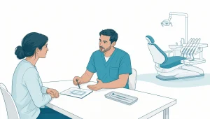 A dentist and adult patient talk beside a dental chair during an appointment overview.