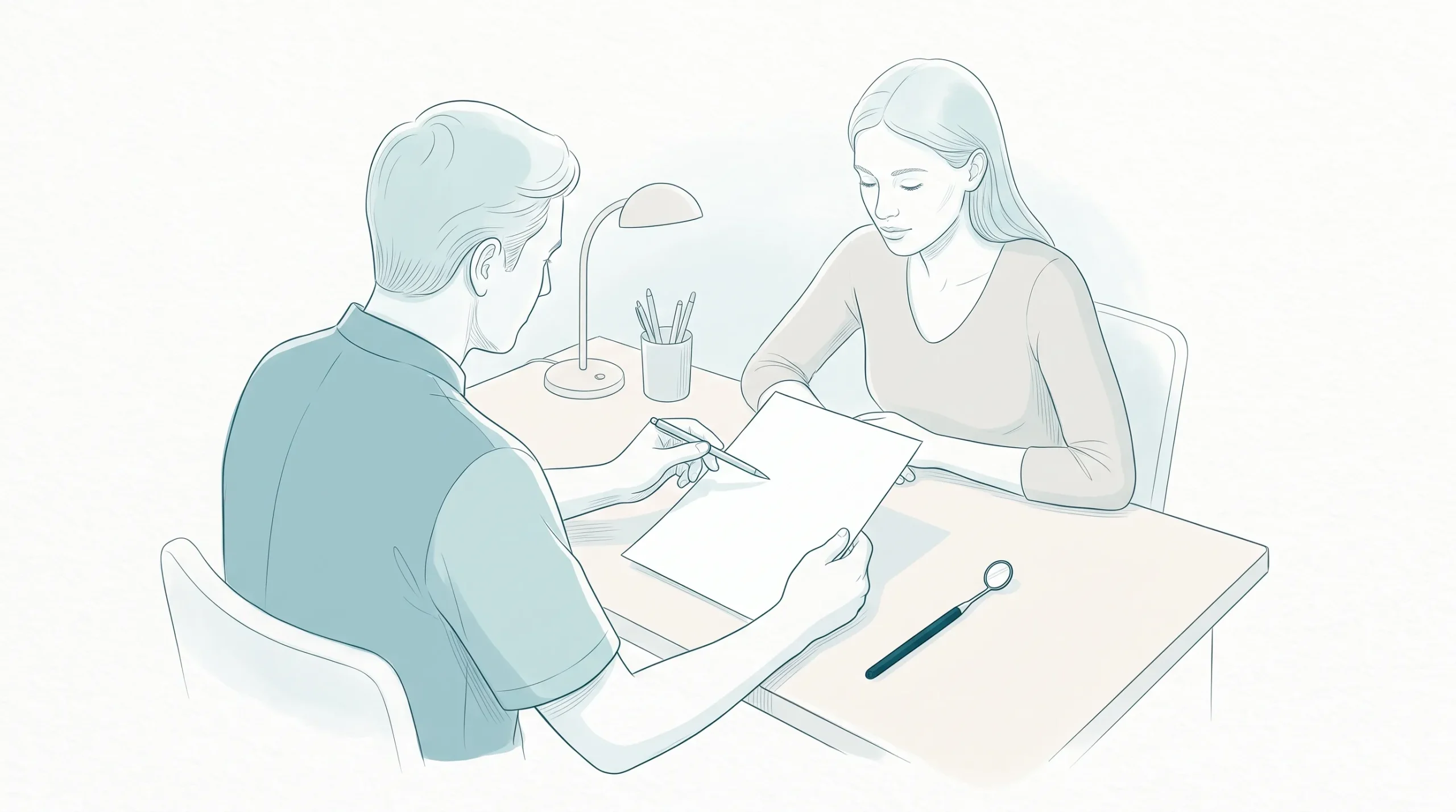 A dentist and patient review a blank estimate sheet with a dental mirror on the desk during a calm consultation.
