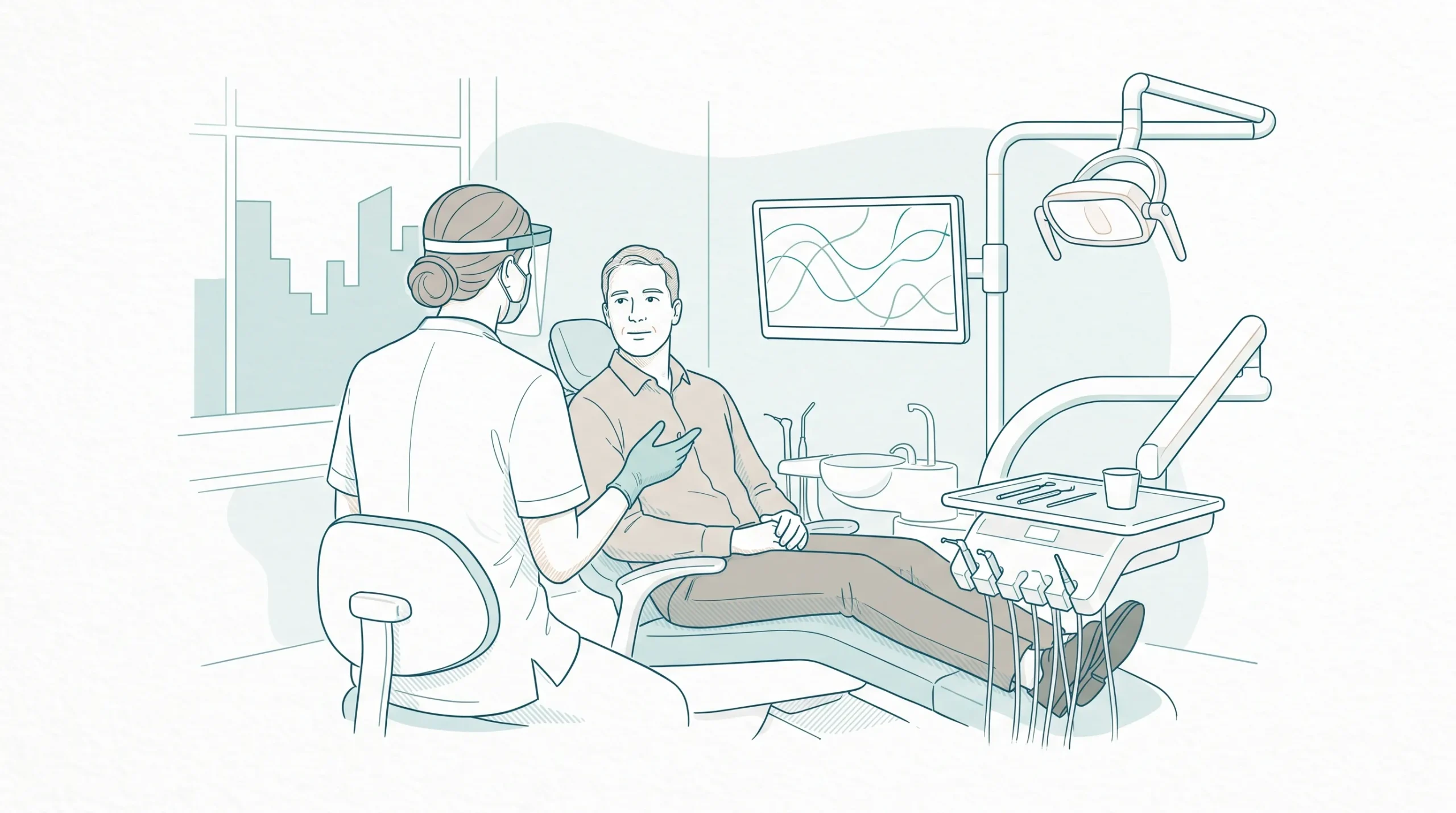 A dentist in clinical attire speaks with an adult patient in a welcoming clinic room, with a dental chair and tidy equipment visible as they discuss choosing a Corio dentist.