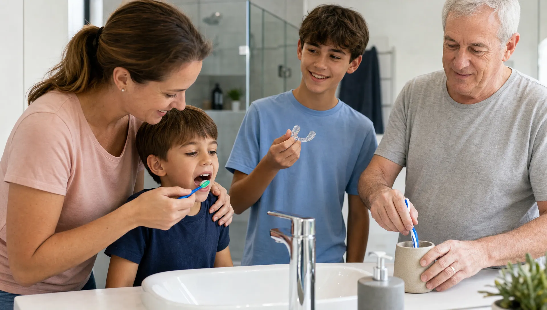 A family dental care scene showing a parent helping a young child brush teeth at a bathroom sink while a teenager holds a sports mouthguard and an older adult places a toothbrush in a cup nearby.