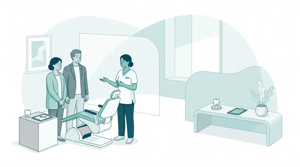 A family dental clinic scene shows adults speaking with a clinician beside a chair and consultation items.
