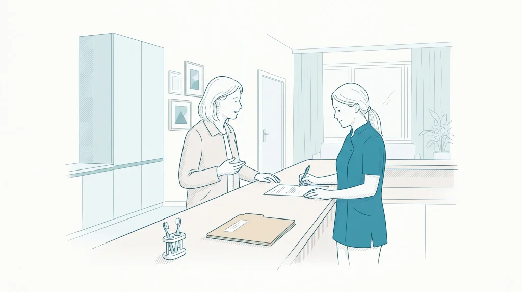 A parent discusses family dental fees with a receptionist beside a folder and child-sized toothbrush holder.