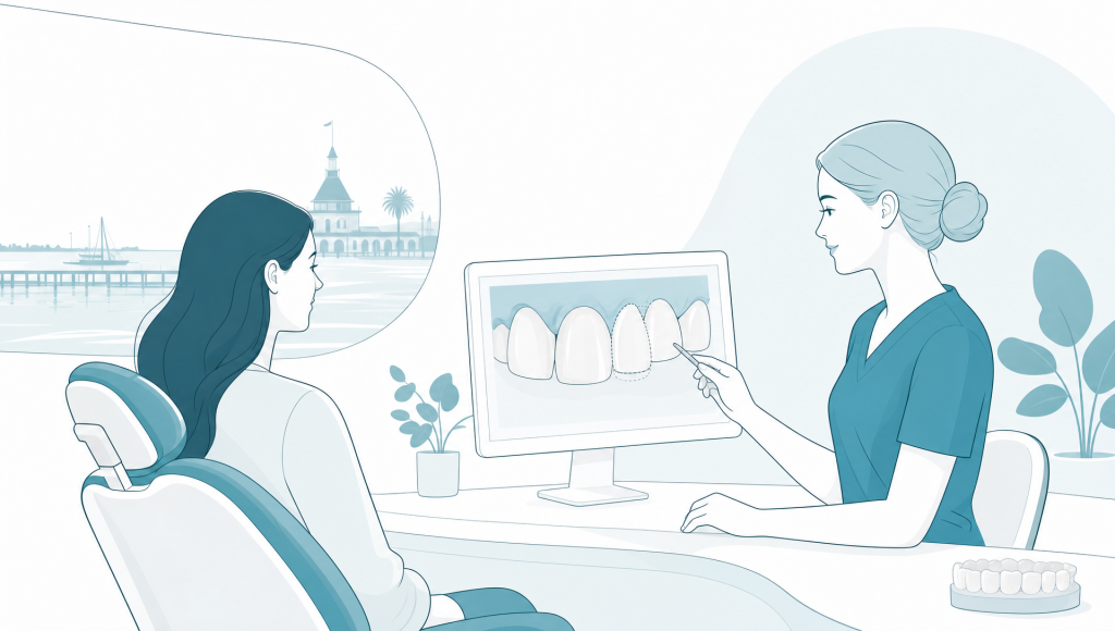 A registration document and pen beside a dental chair suggest how to choose a good dentist for routine care.
