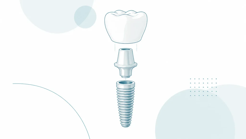 A separated dental implant crown, abutment and fixture float in a clean white space.