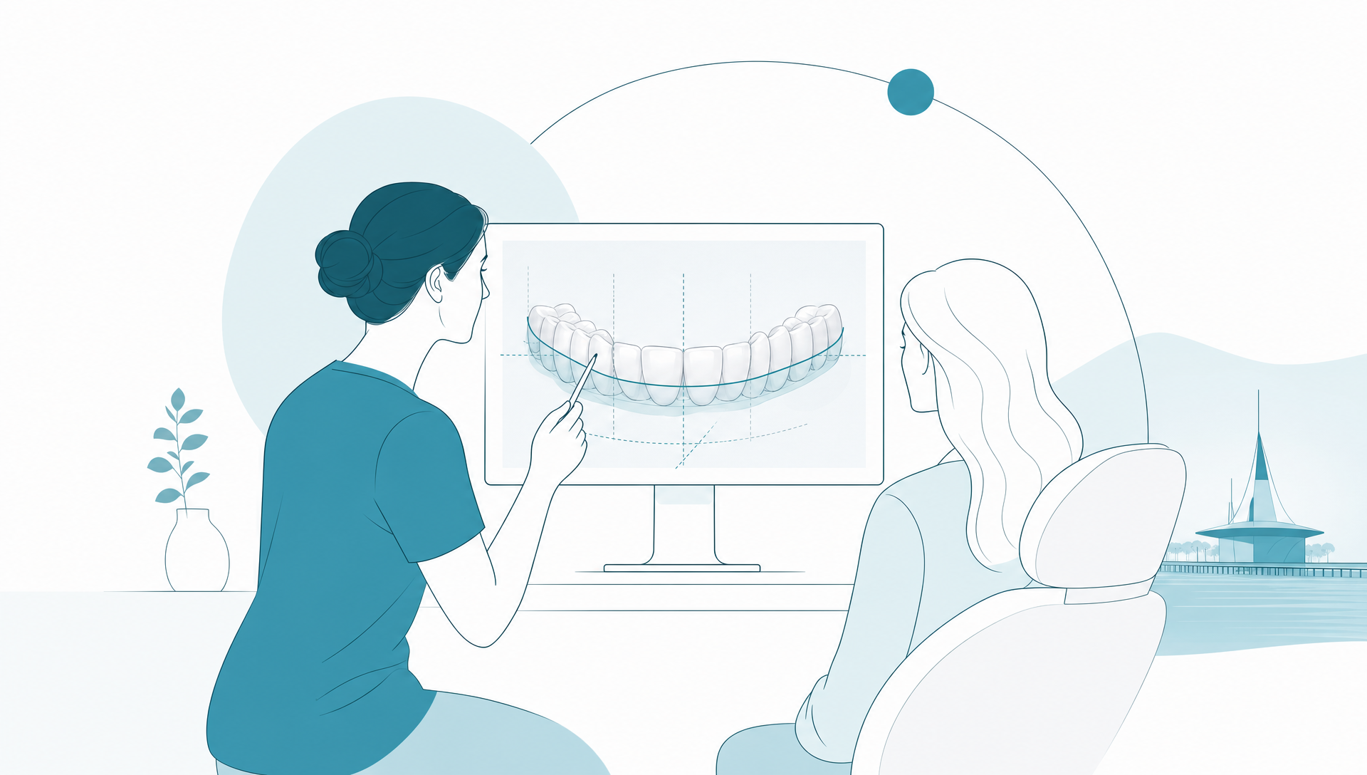 A welcoming family dental clinic reception area with comfortable seating, a parent speaking with a friendly dental team member, and a calm treatment room visible nearby.