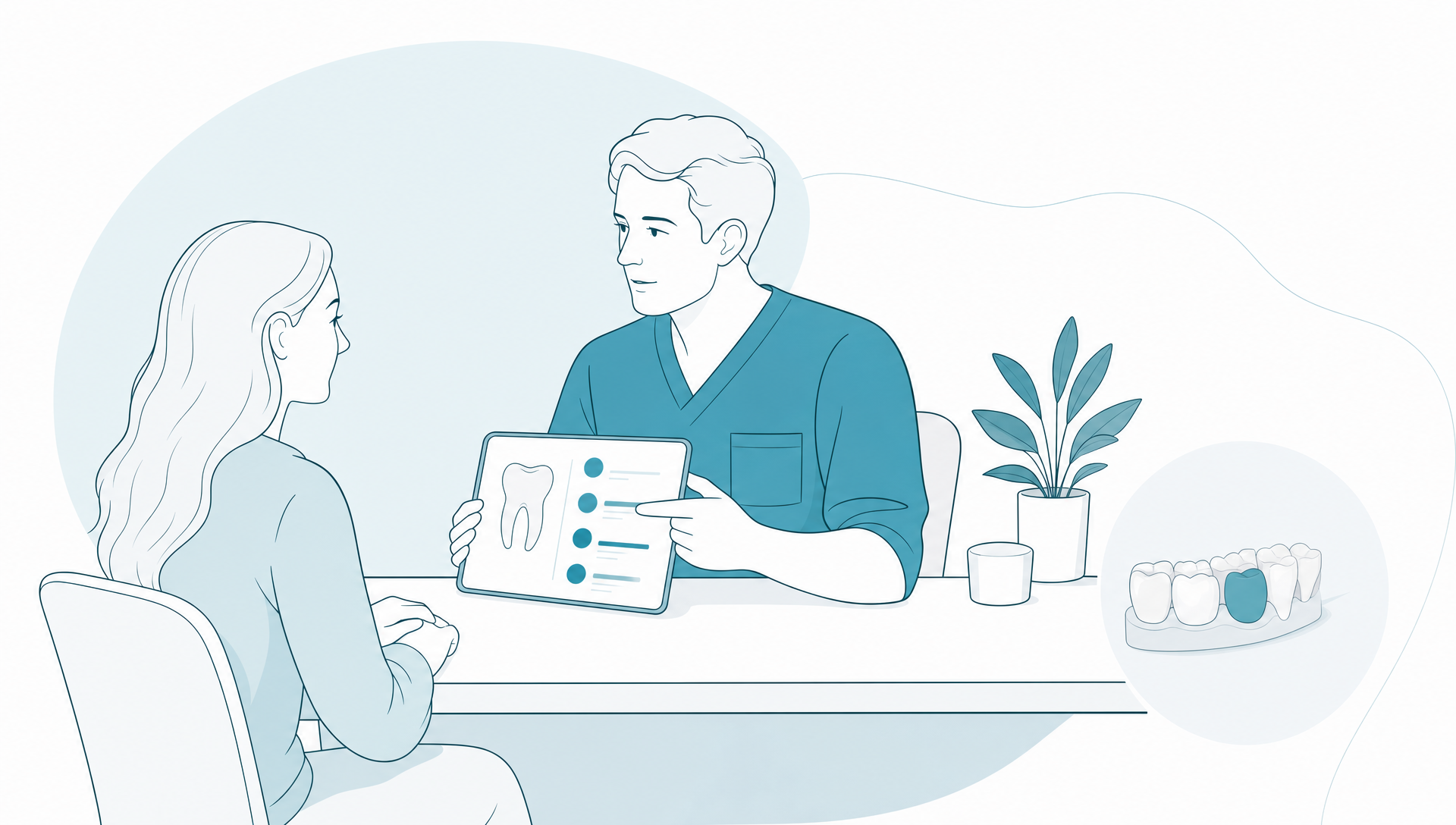An adult patient and clinic staff member review a dental payment plan at a consultation table.