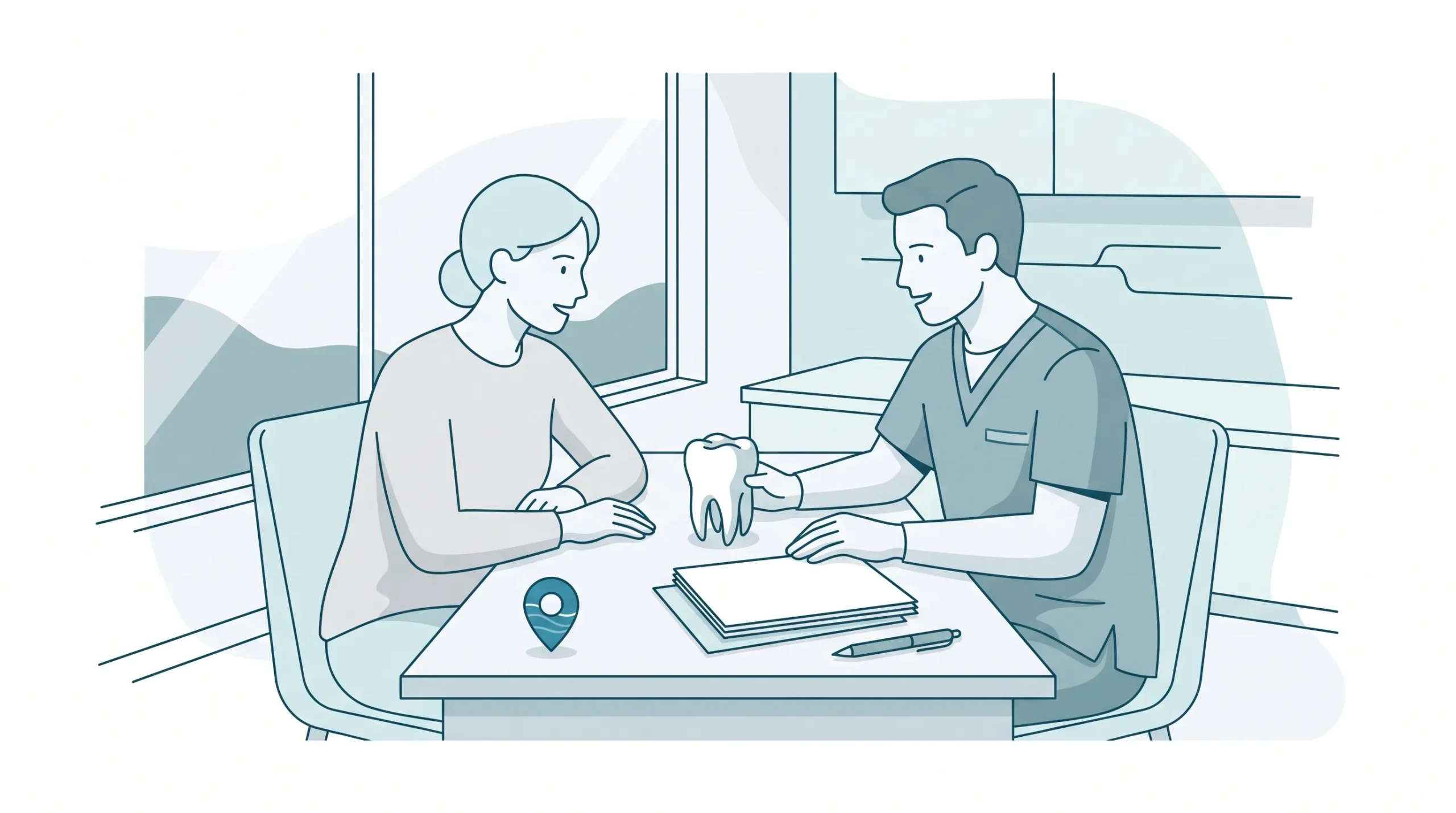 An adult patient and dentist compare private dental care in Geelong beside a small tooth model and blank treatment notes.