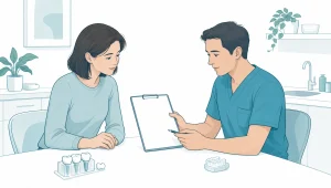 An adult patient and dentist review a treatment estimate in a calm consultation about dental fees.