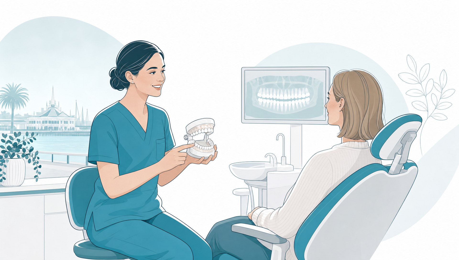 An adult patient and dentist review a treatment estimate in a calm consultation about dental fees.