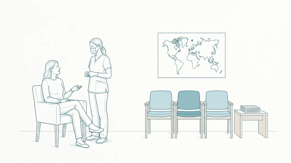 An adult patient speaks with a dentist beside a simple clinic map and brochure stack when comparing a Corio dentist.