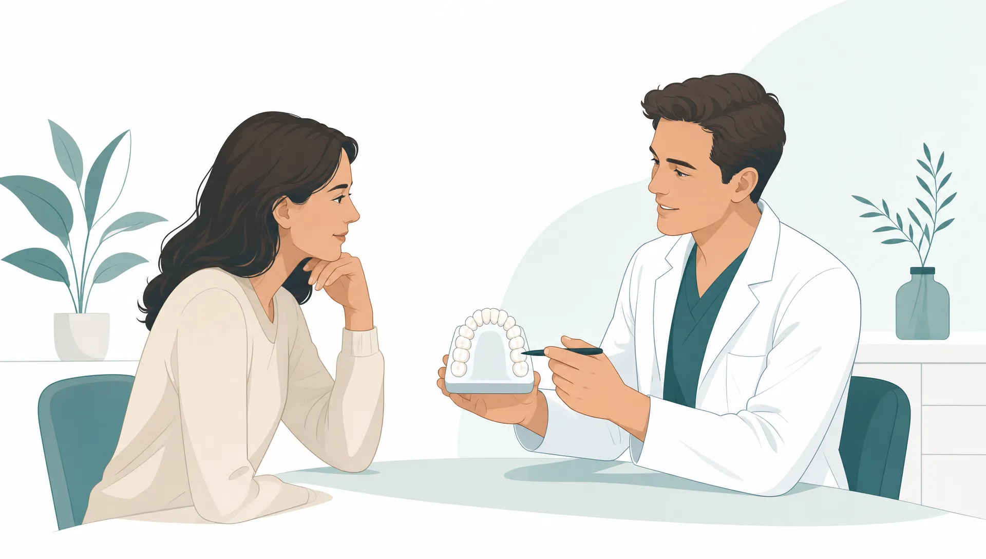 Premium editorial vector illustration of an adult patient and dentist in a calm consultation, reviewing a simple natural white dental arch with generous white space and fine deep teal linework.