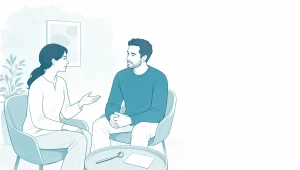Two adults discuss a dental concern in a calm clinic consultation scene.