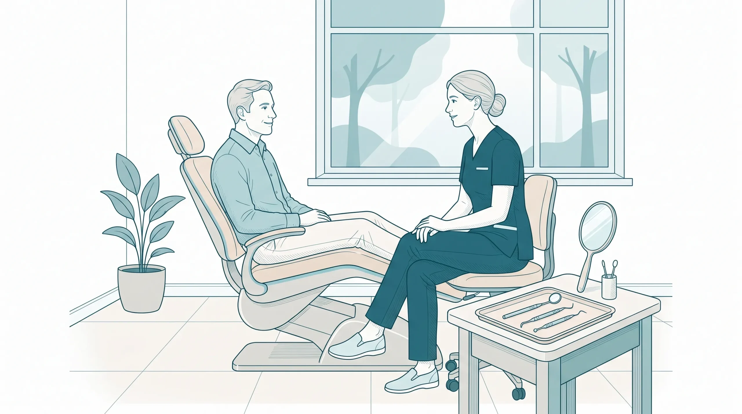 A calm dental consultation shows a dentist beside an adult patient, with a small tray and mirror nearby.
