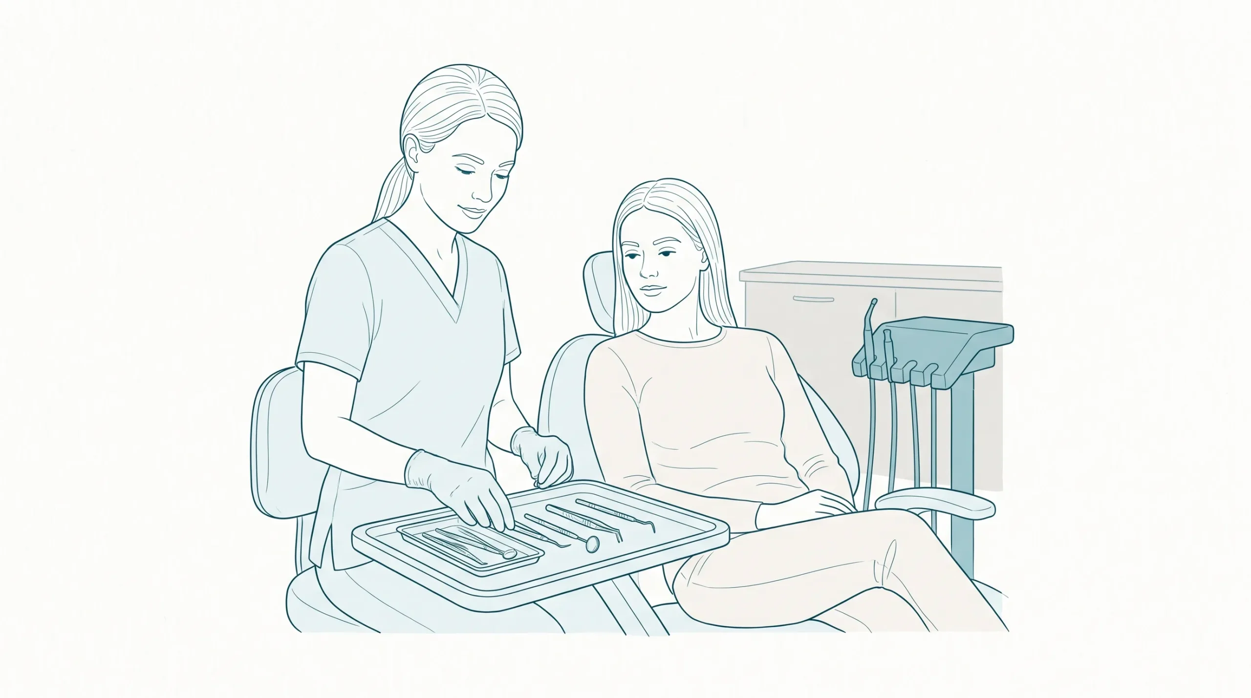 A calm dental professional prepares sterilised instruments beside a seated patient in the treatment room.
