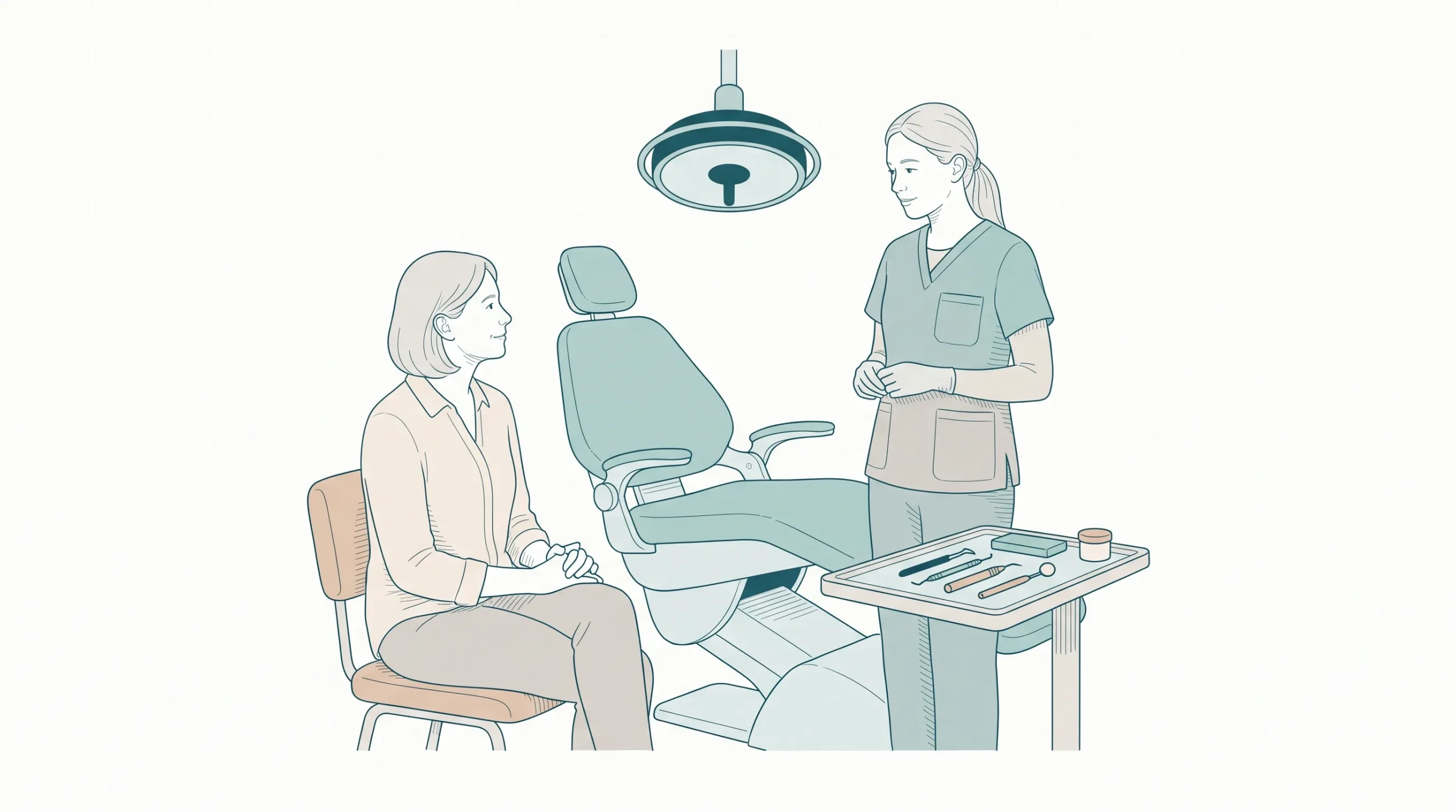 A calm dental professional speaks with a parent beside a dental chair, with instruments on a tray nearby.