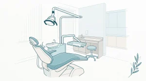 A calm dental treatment room with a chair, overhead light and tray unit ready for a first appointment.
