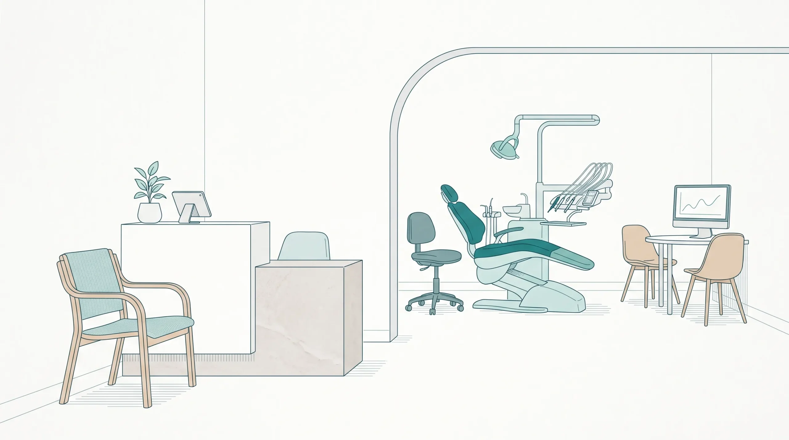 A calm reception area and treatment room with a waiting chair, dental chair and consultation space prepared for a patient visit in Geelong.