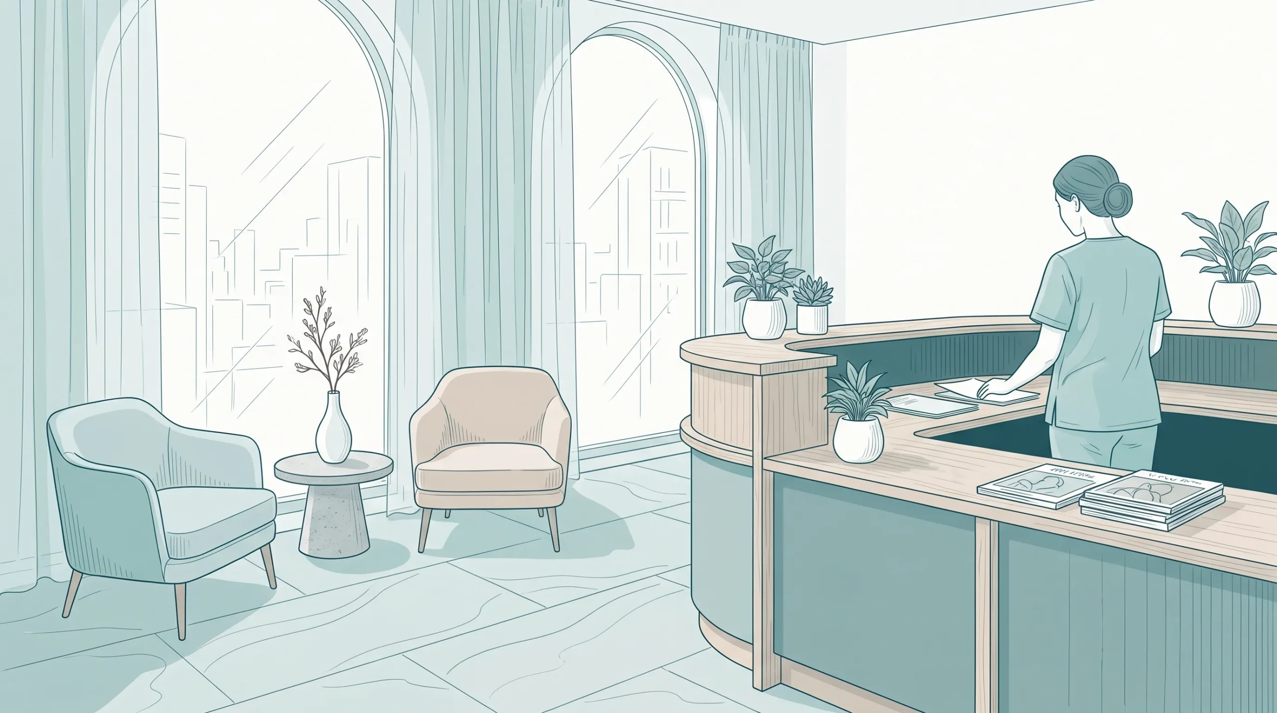 A calm reception area inside a dental care centre, with comfortable seating and a welcoming front desk for ongoing dental appointments.