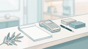 A clinic counter with a blank receipt pad, card reader and appointment cards for a dental check-up.