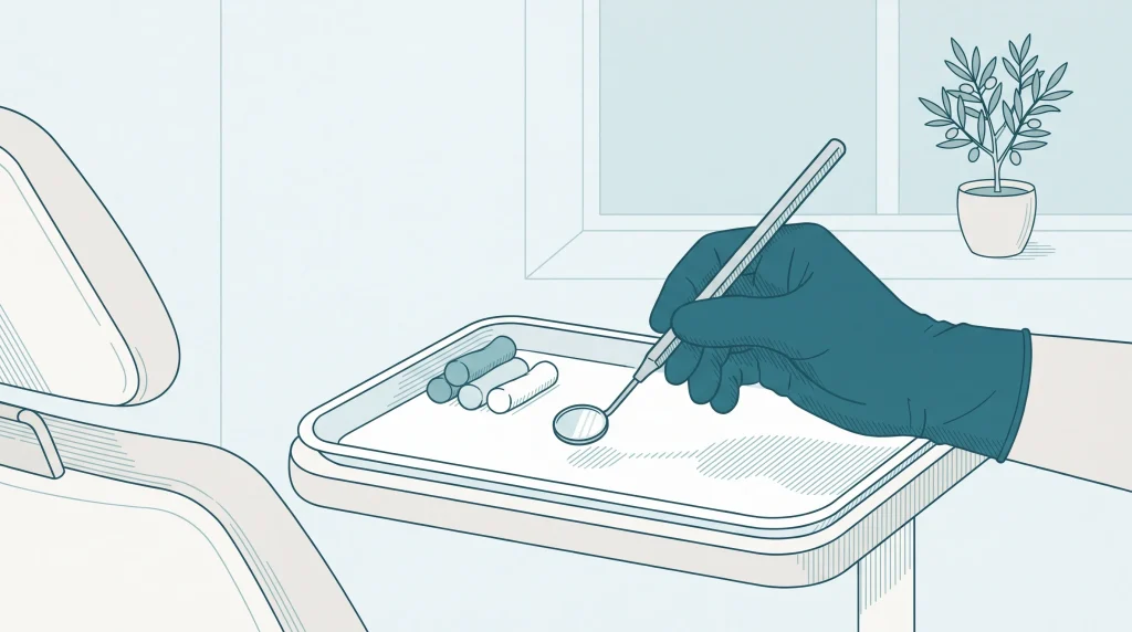 A dental examination tray with mirror, probe and gloved hand ready for a check-up before treatment.