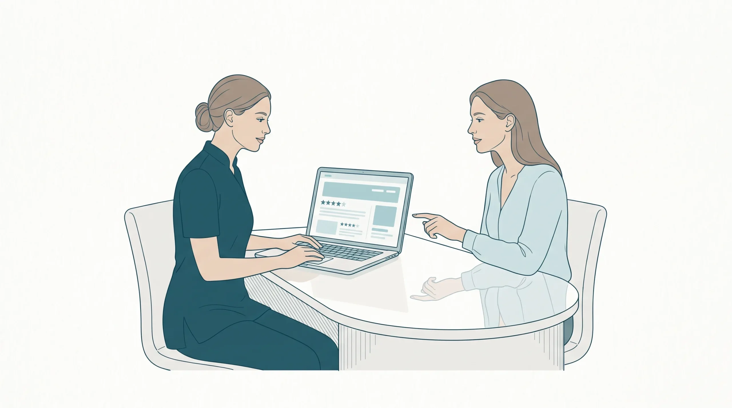 A dental professional and adult patient sit at a consultation desk with a laptop showing a review-style page, representing how online reviews can help choose a clinic.