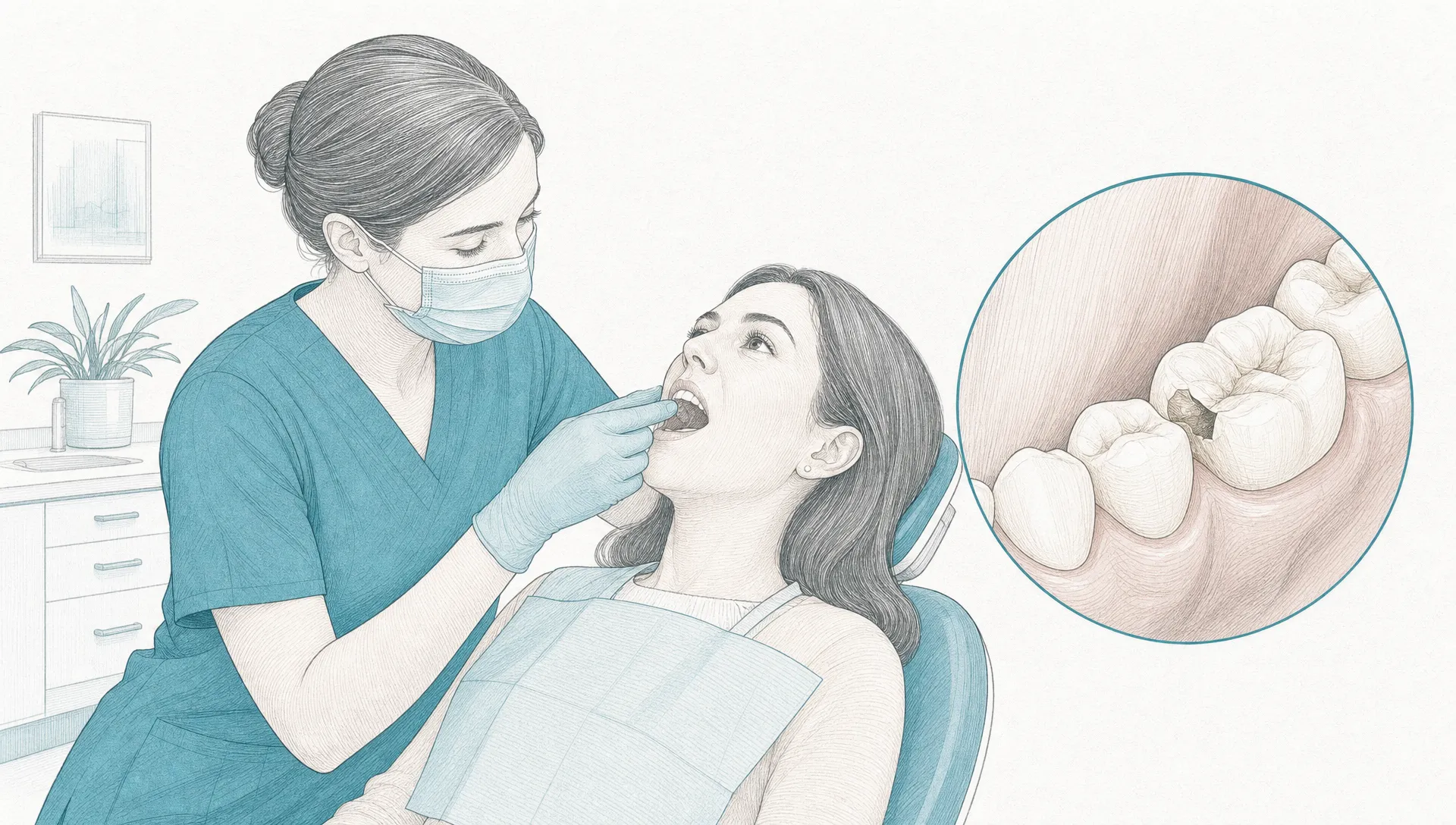 A dental professional examines an adult patient in a chair, with a close inset of a damaged molar being assessed for a dental restore option.