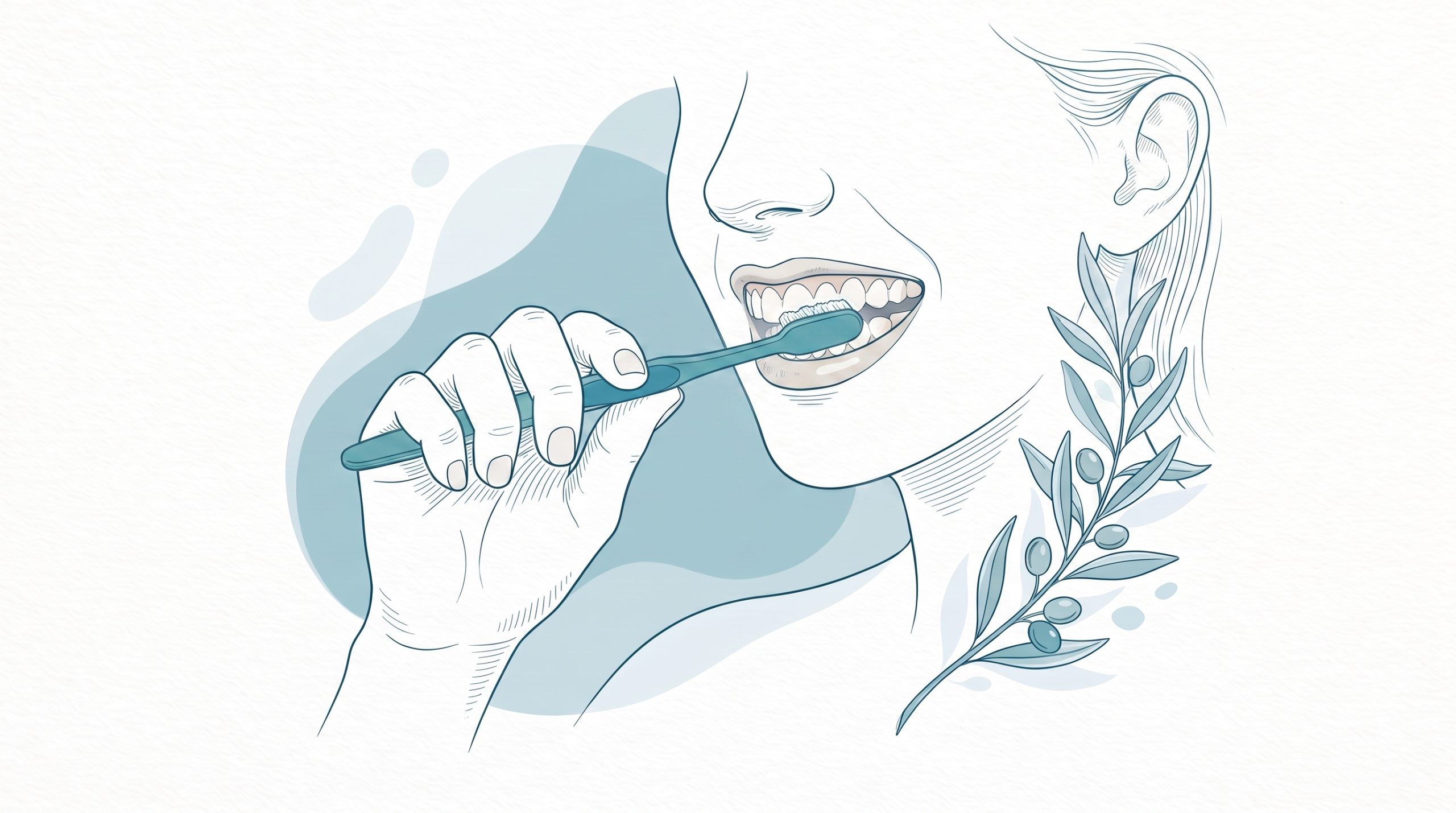 A dental professional holds a toothbrush beside adult teeth and healthy gums in a brushing guidance scene.