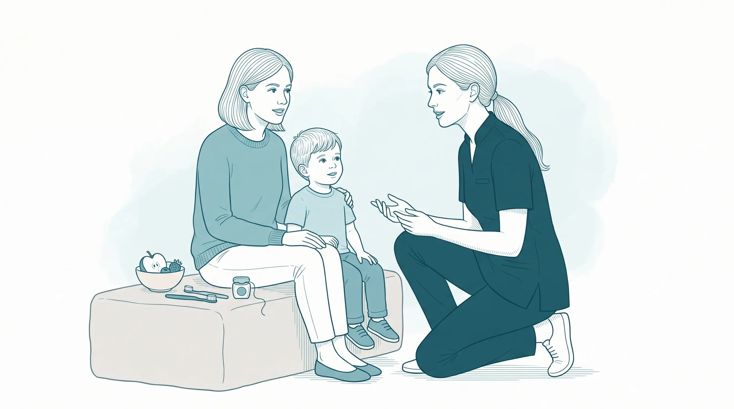 A dental professional speaks with a parent and child beside toothbrushes, floss and a healthy snack on the bench.