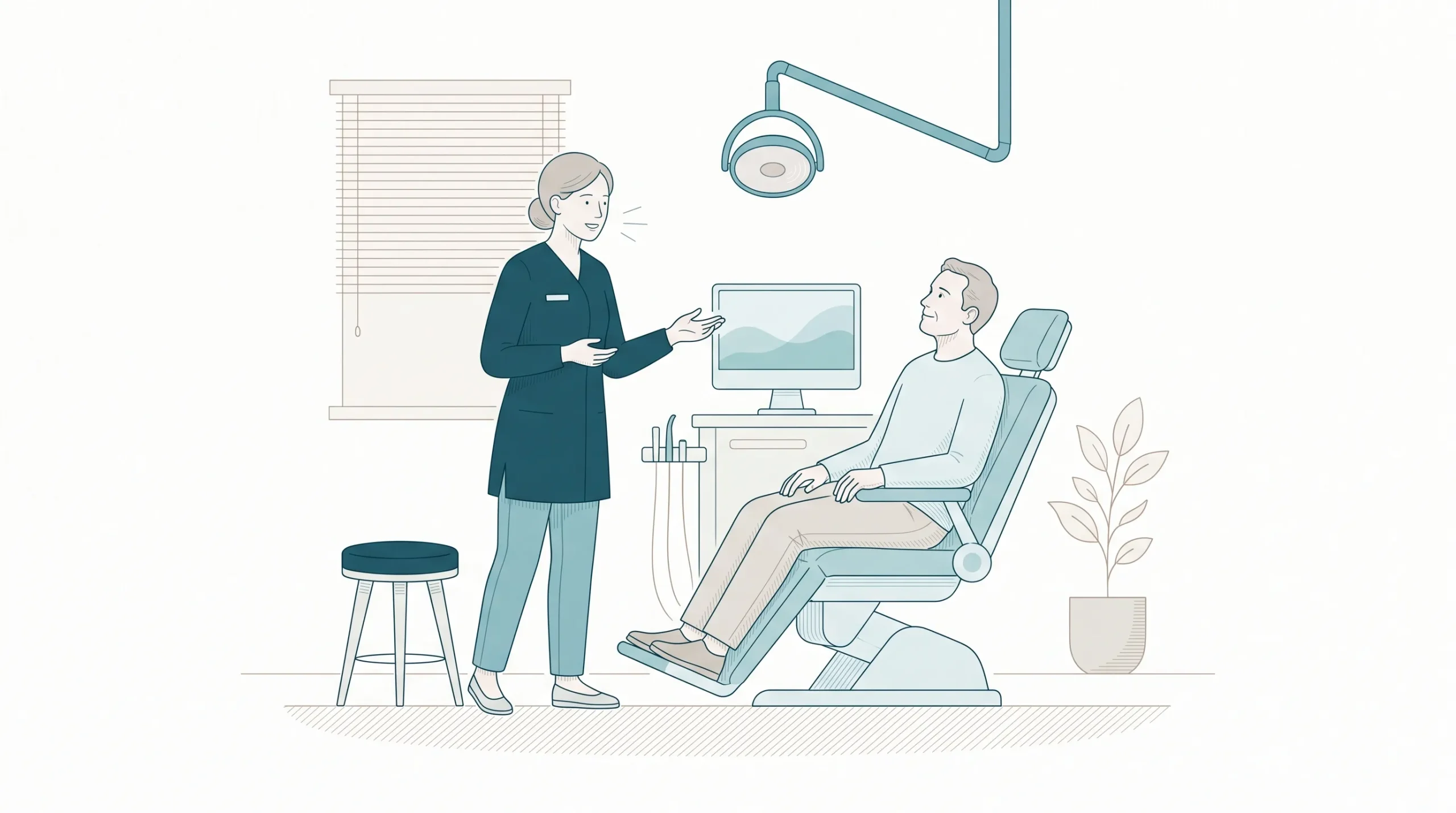 A dental professional speaks with an adult patient seated in a dental chair before a sleep dentistry appointment.
