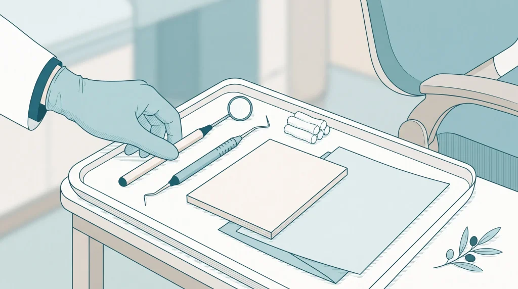 A dental tray holds a mirror, probe and notes beside a chair as part of a general dentist appointment.