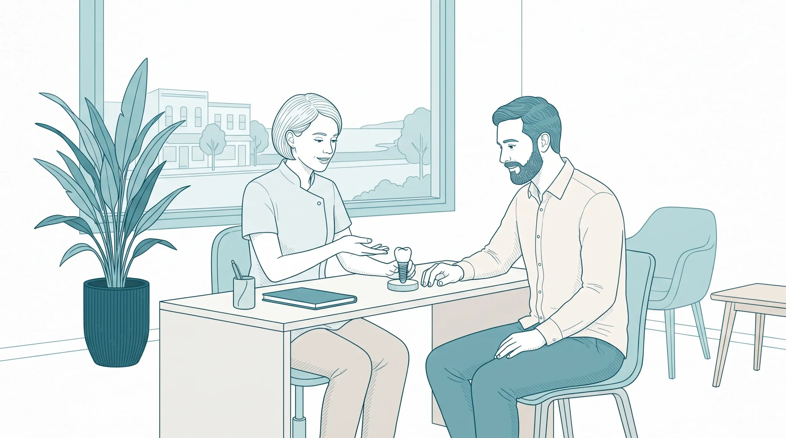 A dentist and adult patient discuss implant treatment beside a small model crown in a calm Geelong clinic.