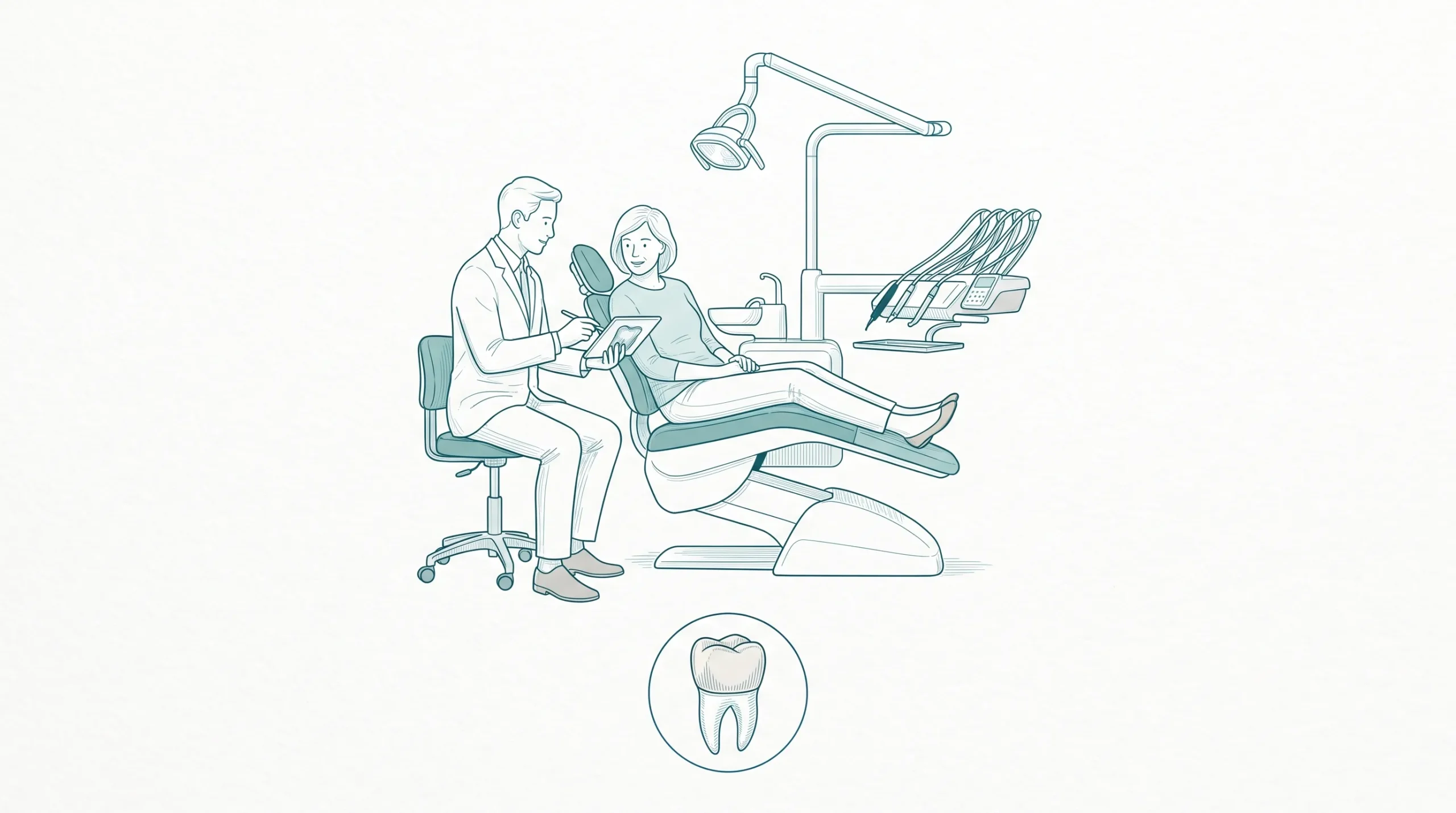 A dentist and adult patient discuss treatment beside a dental chair, with a small inset showing a crown on a tooth.