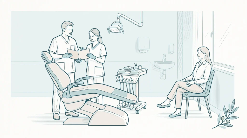 A dentist and assistant review a patient file beside the chair before treatment begins.