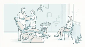 A dentist and assistant review a patient file beside the chair before treatment begins.