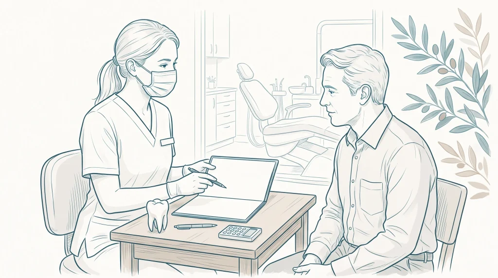 A dentist and patient discuss a treatment plan at a desk during ongoing dental care.