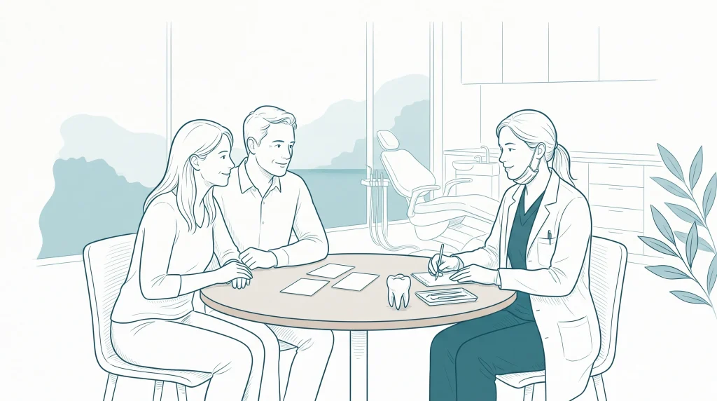 A dentist discusses family dental services with two adults beside a small tooth model and blank cards in a calm clinic room.