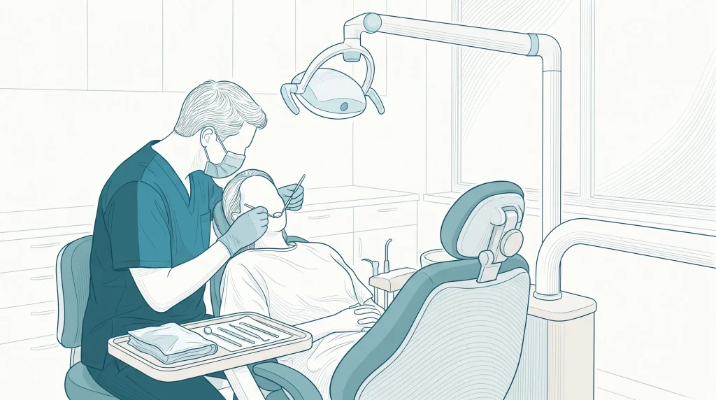 A dentist examines an adult patient in a dental chair during an urgent care visit.