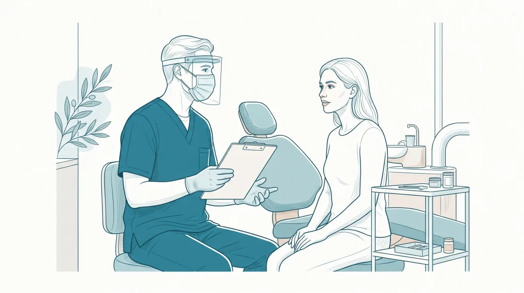 A dentist explains dental surgery options to an adult patient beside a treatment chair.