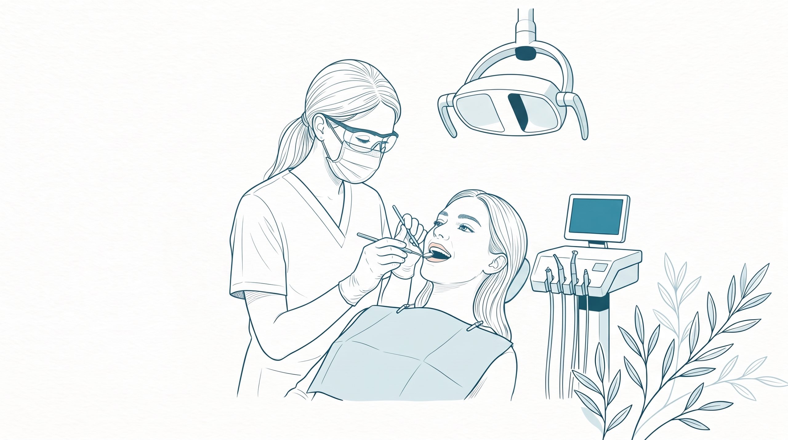 A dentist gently examines a seated patient during a check-up in a calm clinic room.