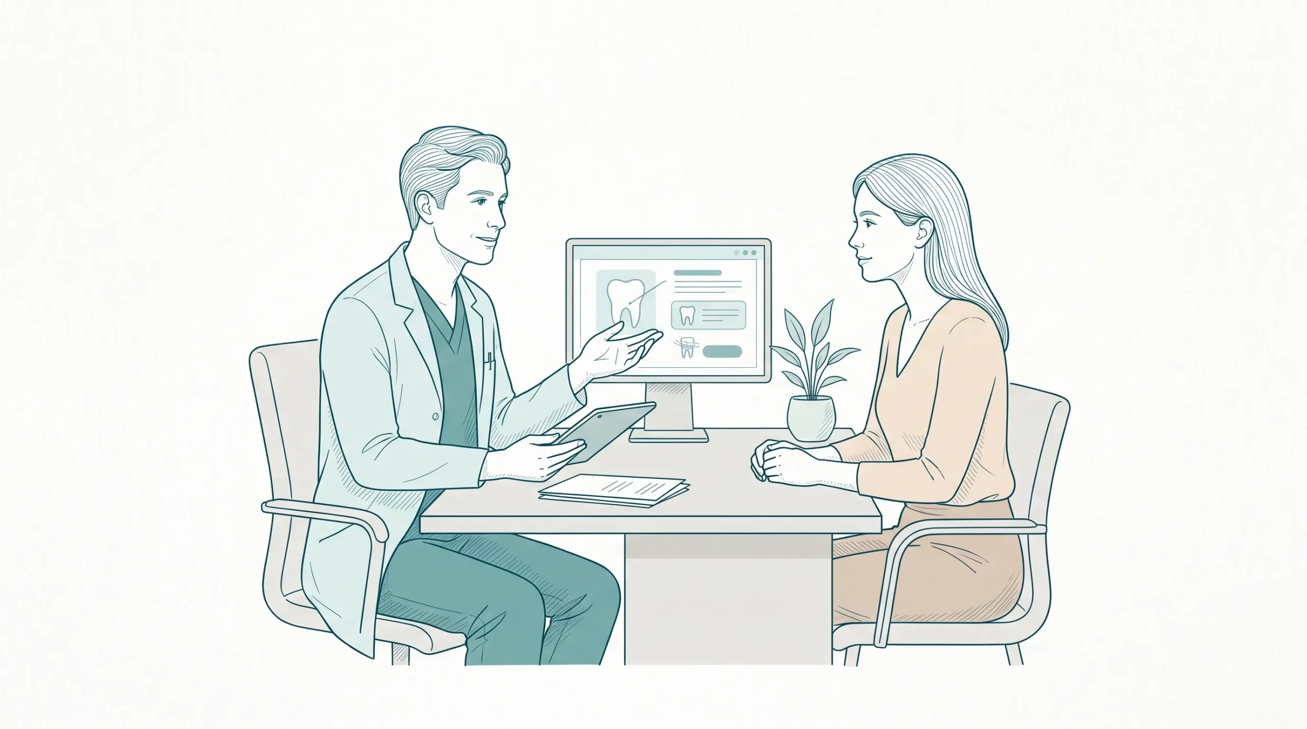 A dentist in clinical attire discusses care options with an adult patient at a calm consultation desk.