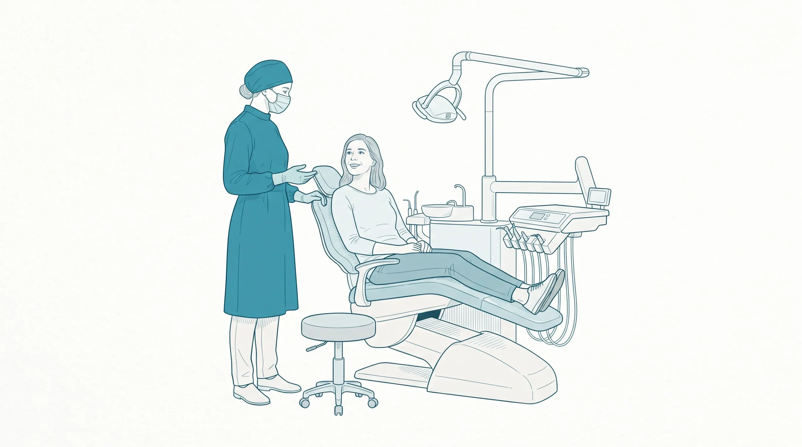 A dentist in clinical PPE speaks with an adult patient beside a dental chair during a general dentist appointment.